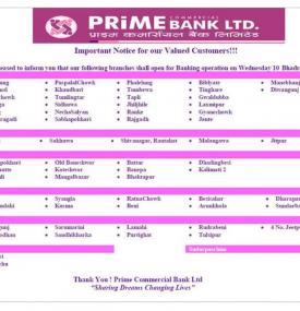 Prime Branches Opening Schedule 