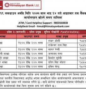  हिमालयन बैंकका भाद्र १४ गते खुल्ला रहने शाखा समयबारे सूचना