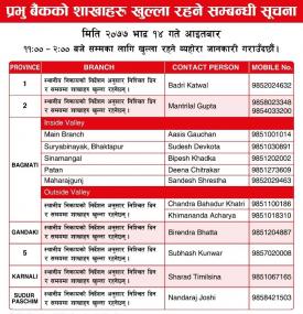 प्रभु बैंकका खुल्ला रहने शाखाहरु बारे सूचना