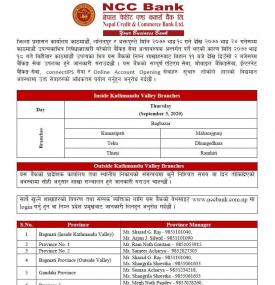 NCC  बैंकको शाखा कार्यालयहरू खुल्ला रहने सम्बन्धी सूचना !!!