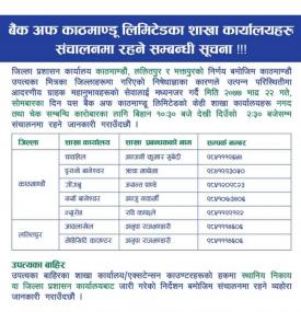 BOK का शाखाहरु सञ्चालन रहने सम्बन्धी सूचना