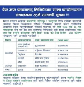 BOK का शाखाहरु सञ्चालन रहने सम्बन्धी सूचना