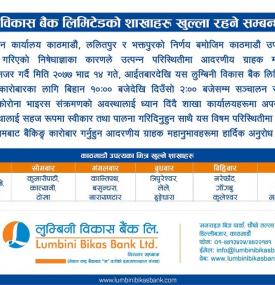 Lumbini Bikas Bank को शाखाहरु खुल्ला रहने सूचना