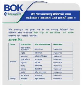 BOK का शाखाहरु सञ्चालन रहने सम्बन्धी सूचना