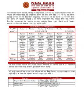 NCC  बैंकको शाखा कार्यालयहरू खुल्ला रहने सम्बन्धी सूचना !!!