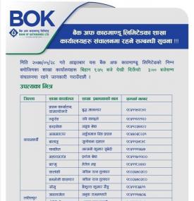 BOK का शाखाहरु सञ्चालन रहने सम्बन्धी सूचना