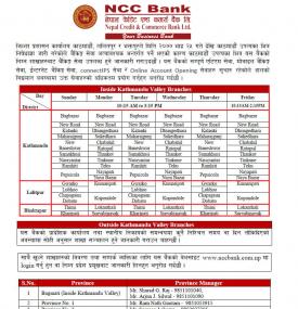 NCC  बैंकको शाखा कार्यालयहरू खुल्ला रहने सम्बन्धी सूचना !!!