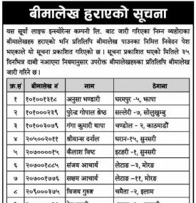 बीमालेख हराएको सूचना