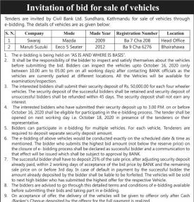 Invitation of Bid for sale of Vehicles