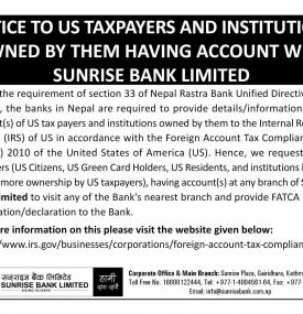 Notice to us Taxpayers and Institutions  owned by them having A/c with Sunrise Bank