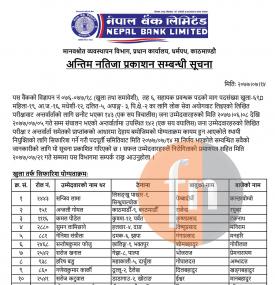 नेपाल बैंकको अन्तिम नतिजा प्रकाशन सम्बन्धी सूचना