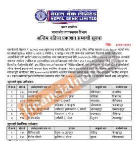 नेपाल बैंकको परीक्षाको अन्तिम नतिजा प्रकाशन तथा योग्यतााक्रम सिफारिस सम्बन्धि सूचना