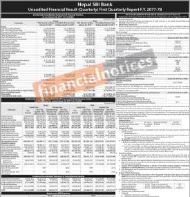 नेपाल SBI बैंकको खुद नाफा २० करोड ५ लाख २ हजार रुपैयाँ (1st Quarterly Reports)