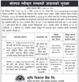बोलपत्र स्वीकृत सम्बन्धी आशयको सूचना