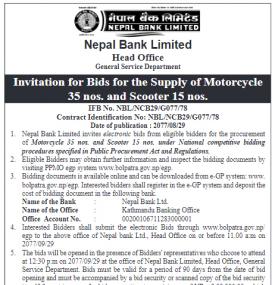 Invitation for Bids for the Supply of Motorcycle and Scooter
