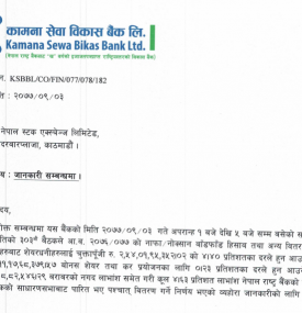 कामना सेवा विकास बैंकको ४.६३ प्रतिशत लाभांश प्रस्ताव