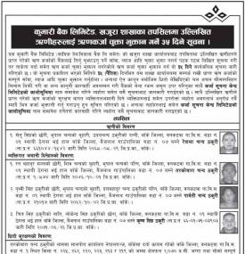 ऋणीहरुलाई ऋण कर्जा चुक्ता भुक्तान गर्ने ३५ दिने सूचना