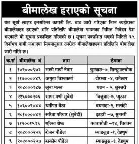 बीमा लेख हराएको सूचना