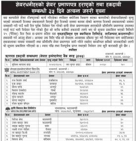 शेयर प्रमाणपत्र हाराएको तथा हकदाबीको सूचना