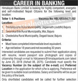 हिमालयन बैंककमा जागिर खुल्यो- Career in Bank