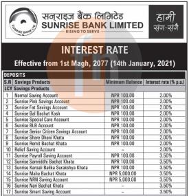 सनराईज बैंकको ब्याजदर परिवर्तनको सूचना