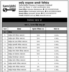 समृद्धि फाईनान्सको निक्षेपमा ब्याजदर