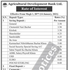कृषि विकास बैंकको नयाँ व्याजदर सार्वजनिक - Interest Rates -