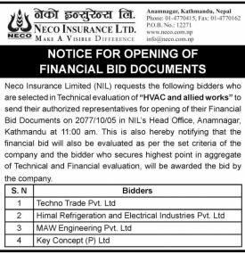 Notice for Opening of Financial Bid Documents
