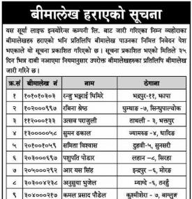 बीमा लेखा हराएको सूचना