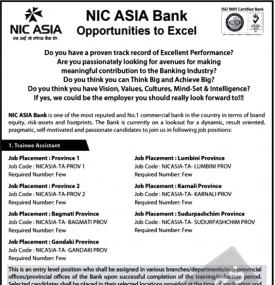 NIC Asia Bank मा कर्मचारी आवश्यकता