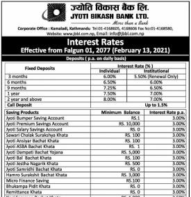 ज्योति विकास बैंकको नयाँ ब्याजदर सार्वजनिक