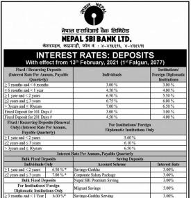 नेपाल एस बि आई बैंकको नयाँ ब्याजदर सार्वजनिक