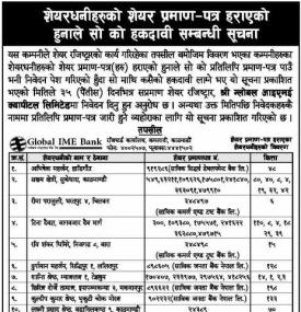 शेयर प्रमाणत्र हाराएको बारे सूचना