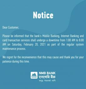Notice regarding downtime of mobile banking, I Banking  &  Card Transaction Service  