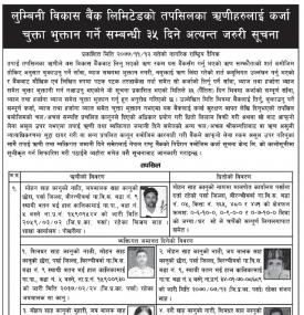 ऋणीलाई कर्जा चुक्ता भुक्तान गर्ने बारे ३५ दिने सूचना