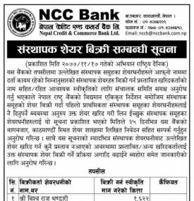 संस्थापक सेयर विक्रि सम्बन्धी सूचना