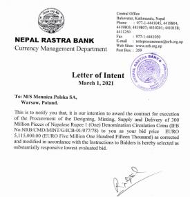 Letter of Intent for the Procurement of Designing, Minting, Supply and Delivery of 300 Million Piece