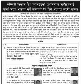 ऋणीहरुलाई कर्जा चुक्ता भुत्तान गर्ने सम्बन्धी ३५ दिने सूचना