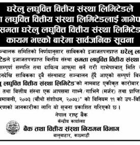 घरेलु लघुवित्तले समता लघुवित्तलाई गाभेपश्चात् समता घरेलु लभुवित्त वित्तीय संस्था लिमिटेड कायम भएको स