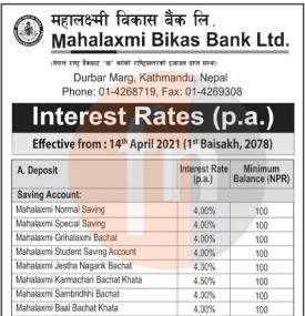 नयाँ ब्याजदर सार्वजनिक भएको बारे सूचना