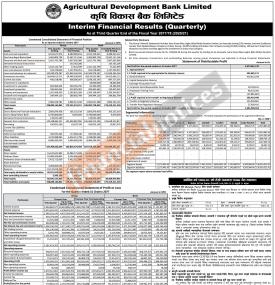 कृषी विकास बैंकको खुद नाफा २ अर्ब ७ कारोड ३० लाख रुपैयाँ - 3rd Quarterly Report -