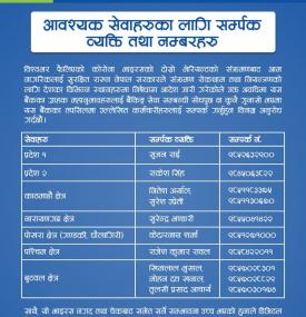 आवश्यक सेवाहरुका लागि सम्पर्क ब्यक्ति तथा नम्बरहरु बारे सूचना