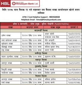 हिमालयन बैंकको आज खुल्ला रहने शाखा समयबारे सूचना