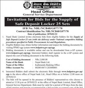 Invitation for Bid for supply of Safe Deposit Locker 25 Sets