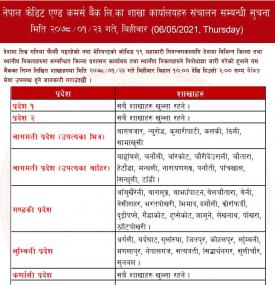 NCC बैंक लिमिटेडको शाखा कार्यालयहरू संचालन सम्बन्धी सूचना !!!