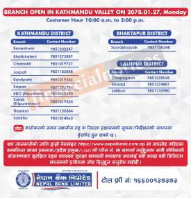 नेपाल बैंकको आज खुल्ला रहने शाखासमयबारे सूचना