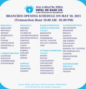 Branches Opening Schedule on May 10, 2021