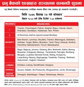 प्रभु बैंकका निम्न शाखाहरु खुल्ला रहने सूचना!