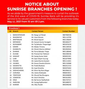 Sunrise बैंकको शाखाहरु खुल्ला रहने सूचना