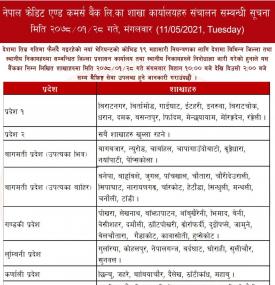 NCC बैंकको शाखा कार्यालयहरू संचालन सम्बन्धी सूचना !!!